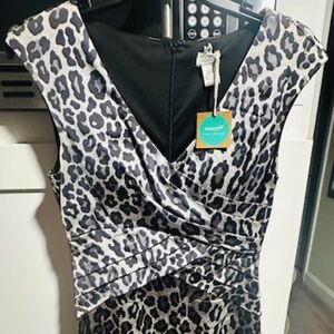 The Cache Women's Silver Gray Leopard Animal Print Satin Pleated Sheath Dress 4